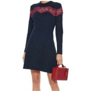 Sandro Dress 1 USA 4 Navy Blue Lace Inset Fit & Flare Stretch Knit Mini